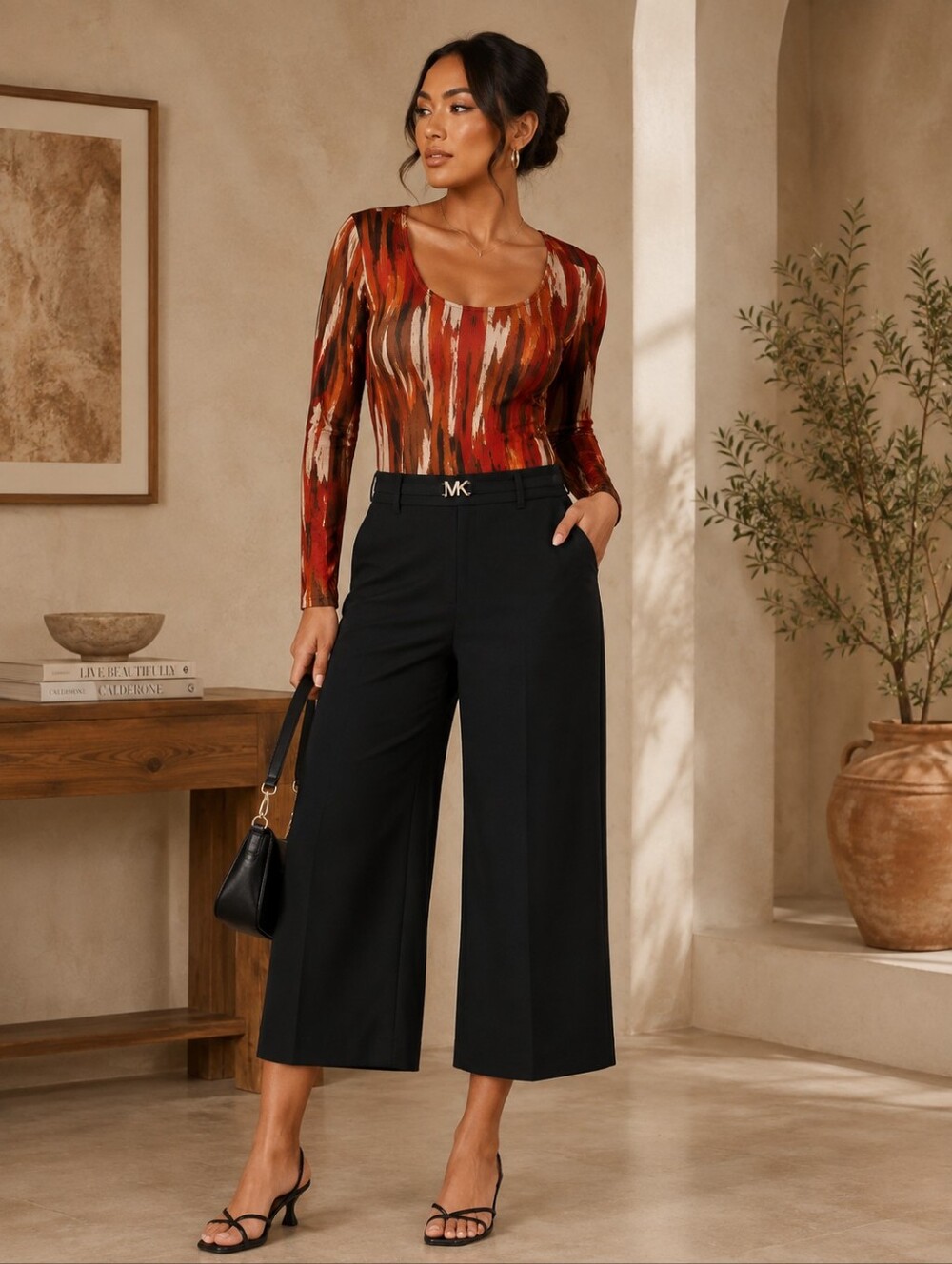 NWT MICHAEL Michael Kors Black Wide-Leg Cropped Pants Size 10 $125